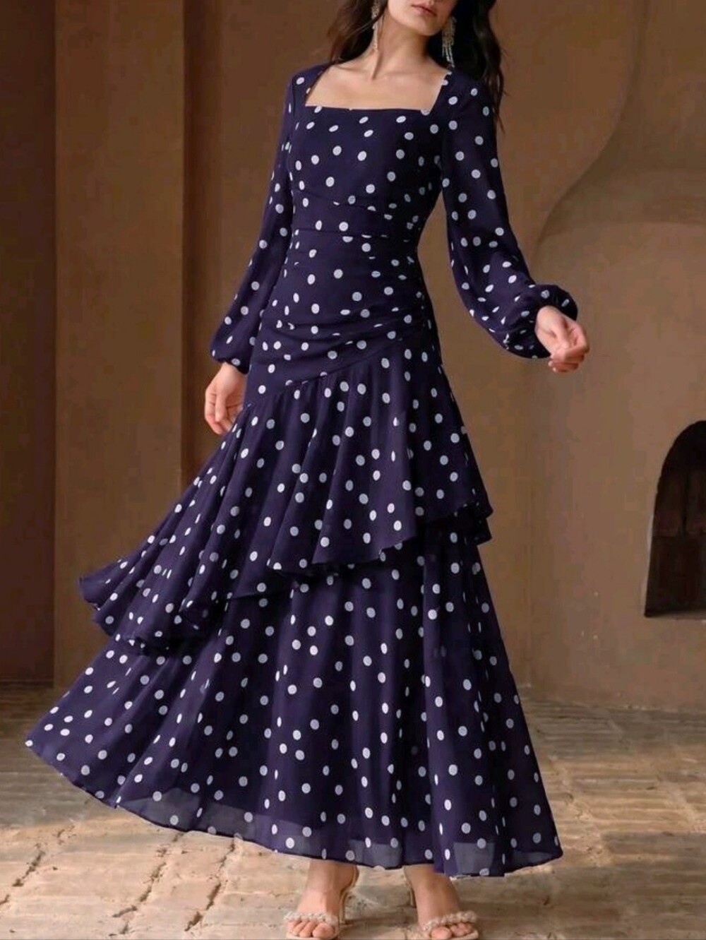 New Polka Dot Ruched Maxi Dress Square Neck Long Sleeve Purple White